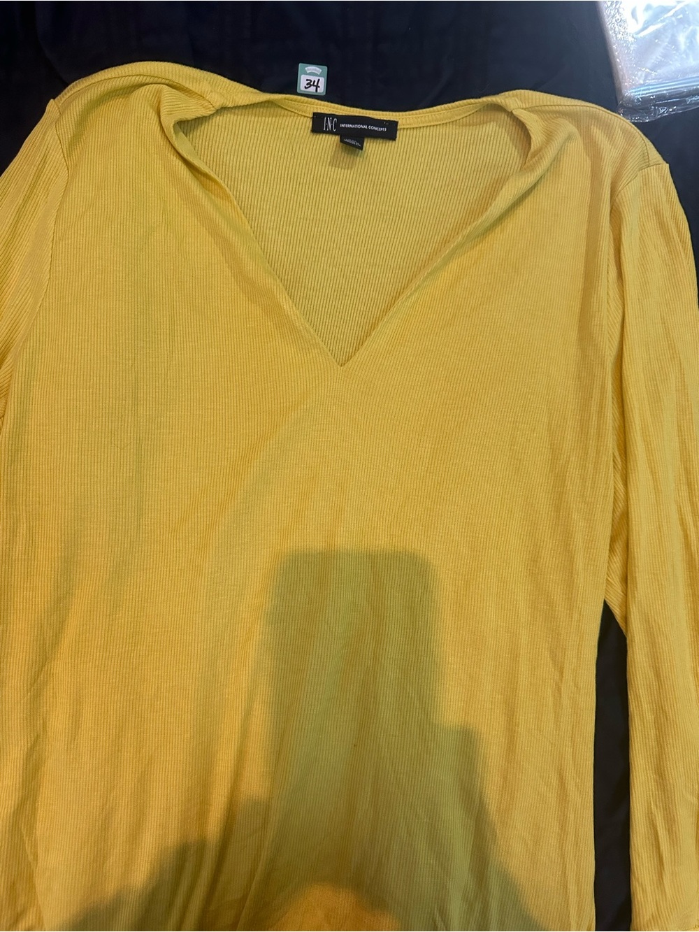 INC Women's Yellow V-Neck Long Sleeve Top